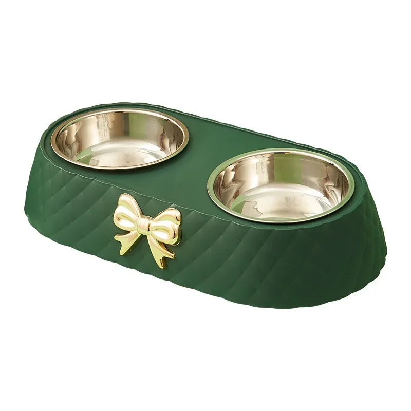 Double Pet Bowl Set With Bow Tie Design For Cats And Dogs - BarkHatch