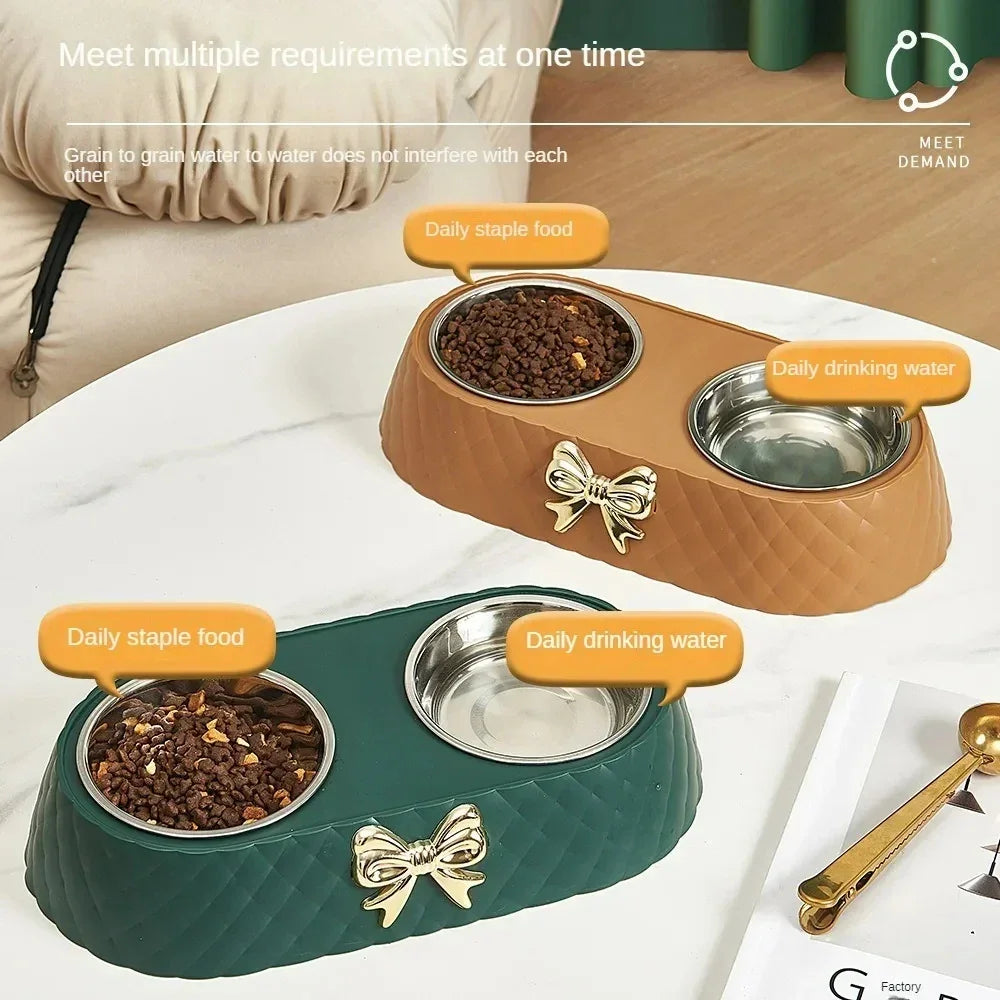 Double Pet Bowl Set With Bow Tie Design For Cats And Dogs - BarkHatch