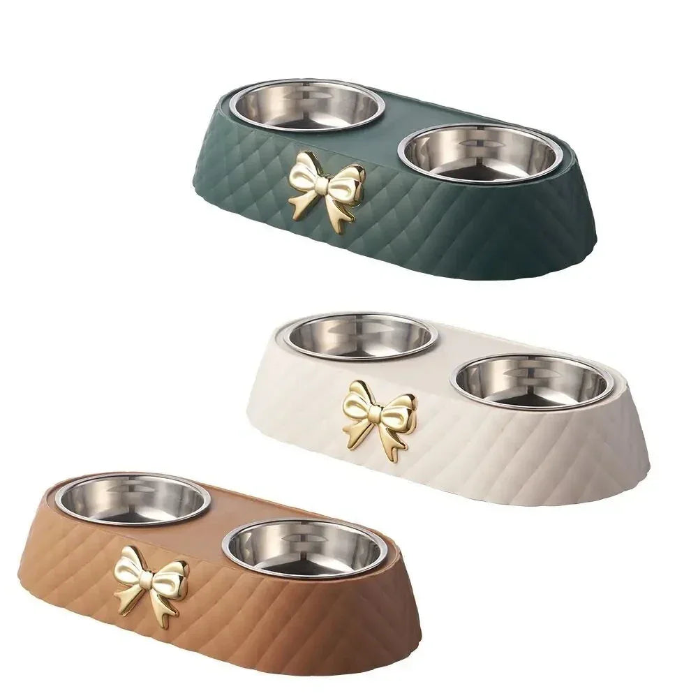 Double Pet Bowl Set With Bow Tie Design For Cats And Dogs - BarkHatch