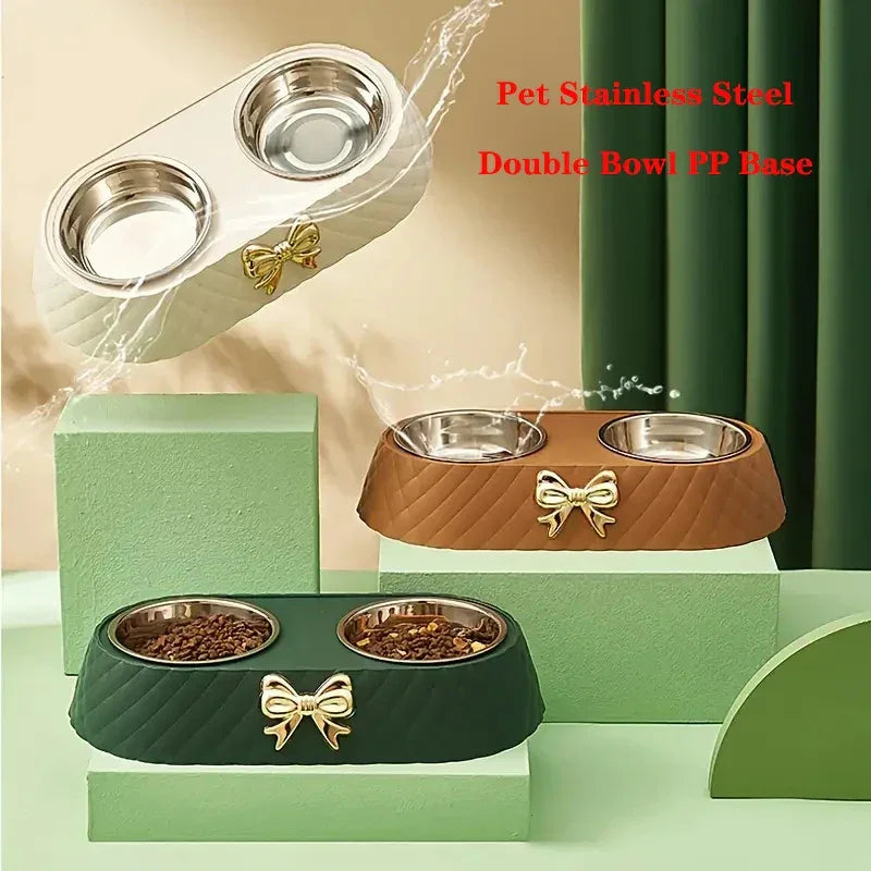 Double Pet Bowl Set With Bow Tie Design For Cats And Dogs - BarkHatch