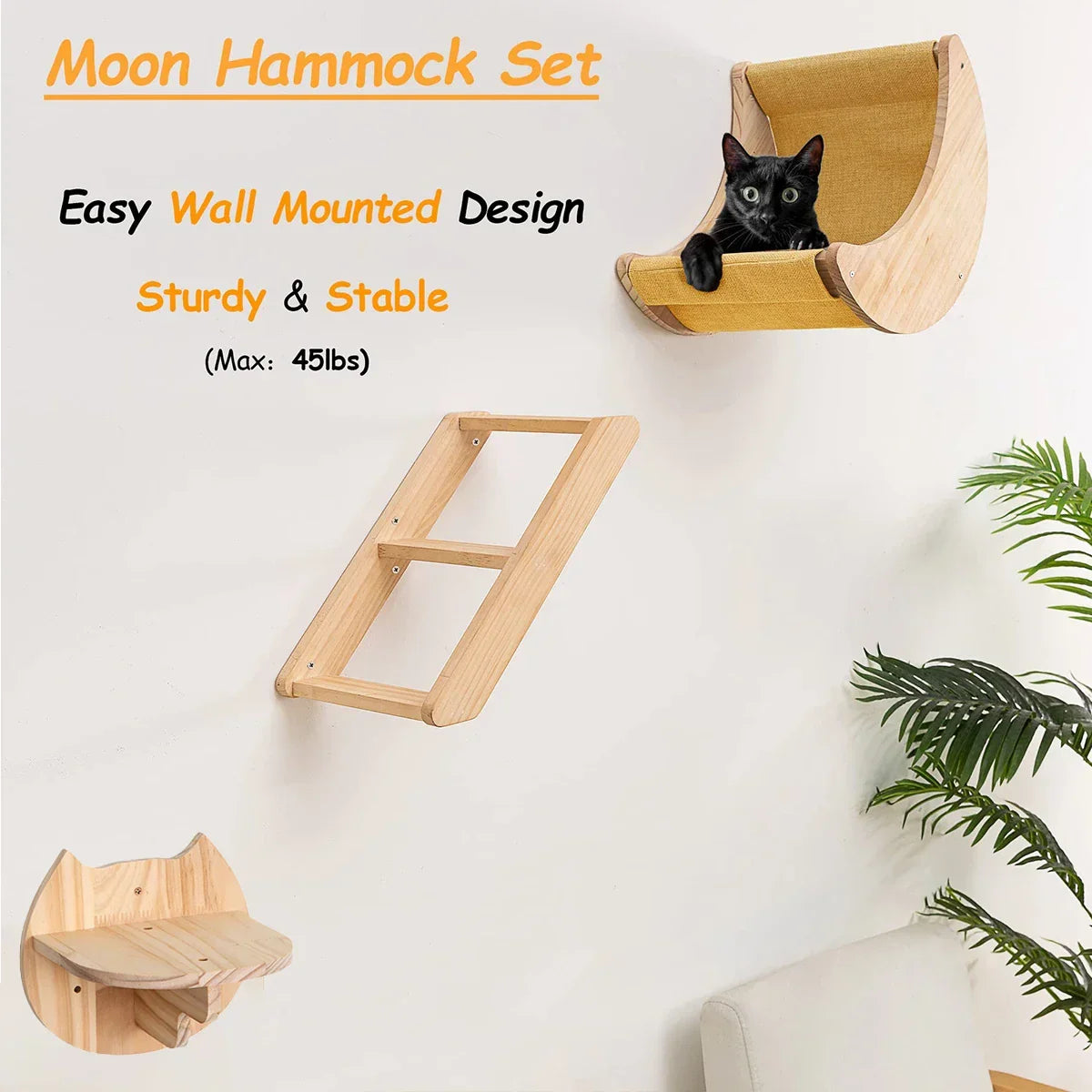 Moon Shaped Solid Wood Cat Shelf Wall Climbing Hammock - BarkHatch
