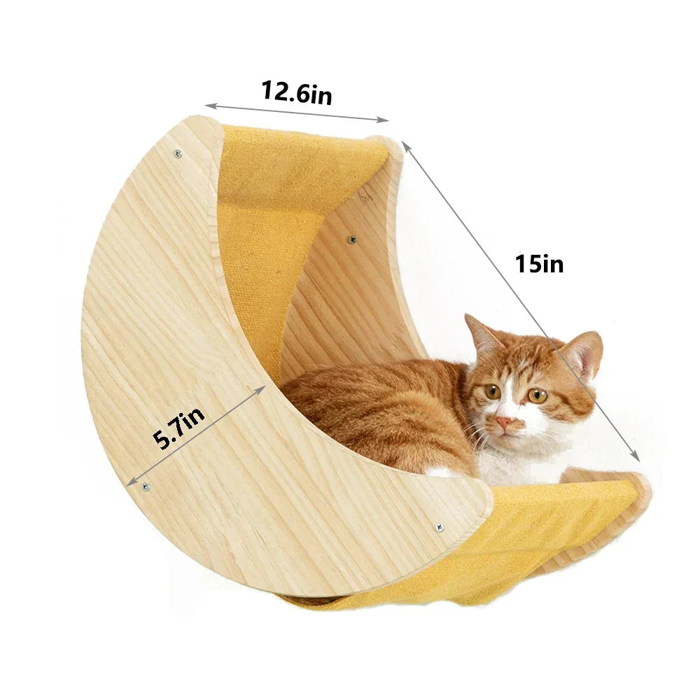 Moon Shaped Solid Wood Cat Shelf Wall Climbing Hammock - BarkHatch