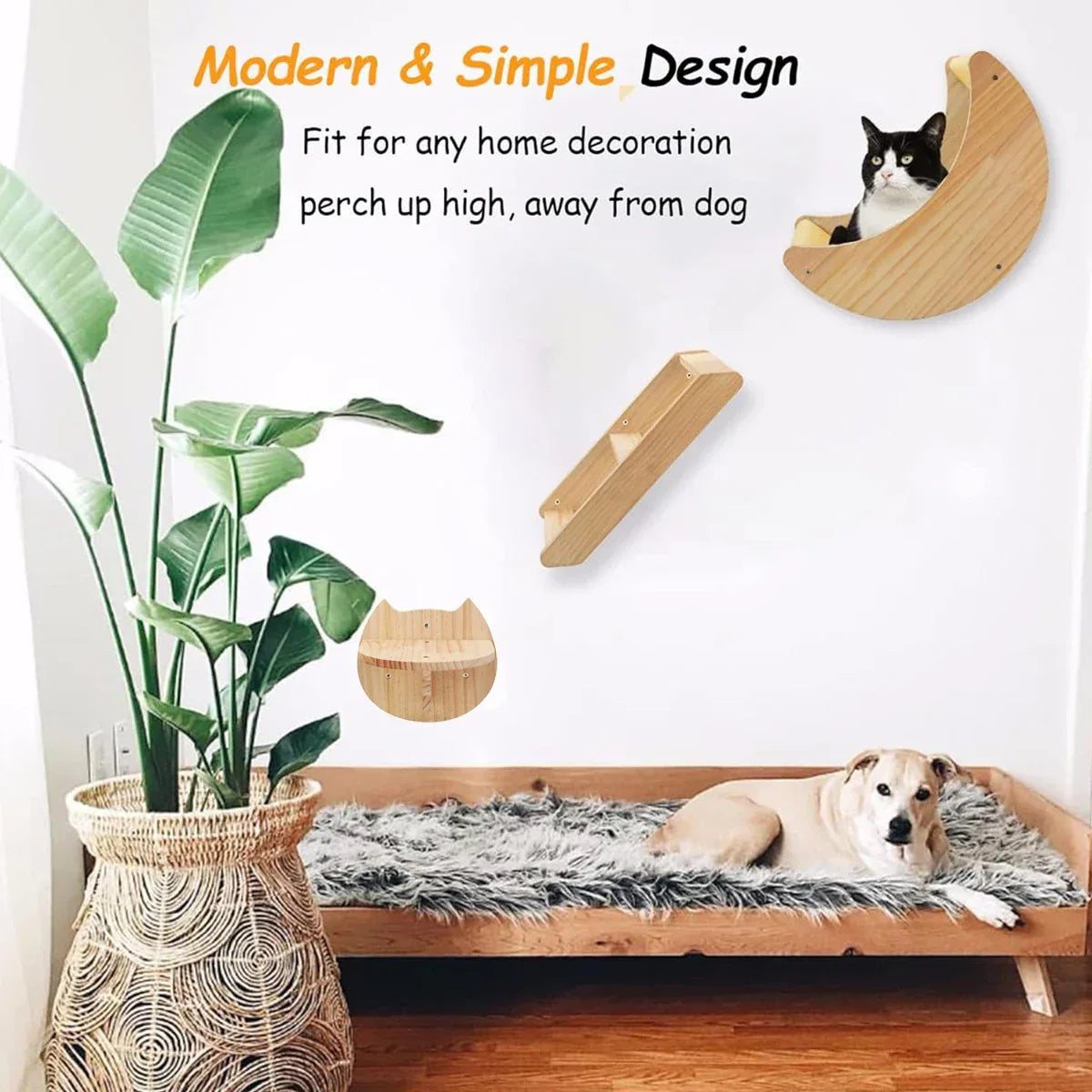 Moon Shaped Solid Wood Cat Shelf Wall Climbing Hammock - BarkHatch