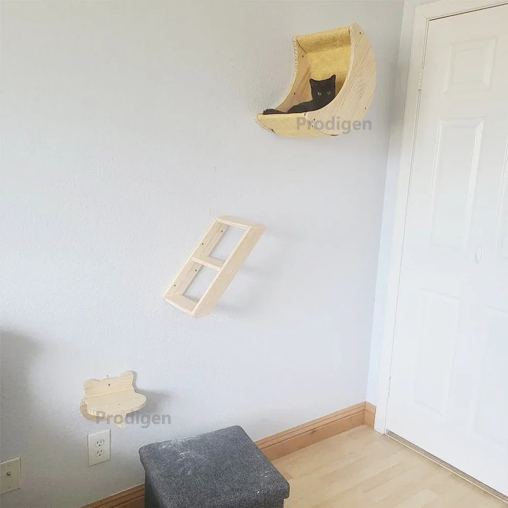 Moon Shaped Solid Wood Cat Shelf Wall Climbing Hammock - BarkHatch