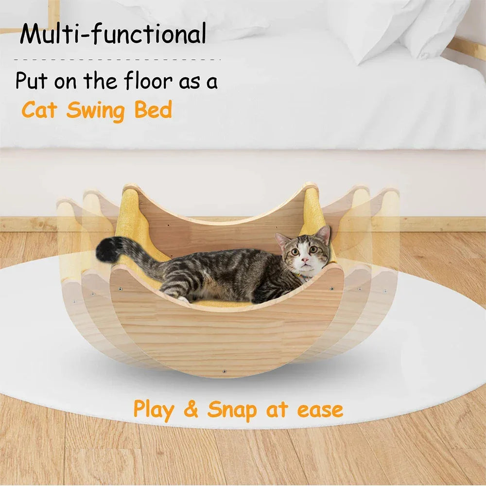 Moon Shaped Solid Wood Cat Shelf Wall Climbing Hammock - BarkHatch