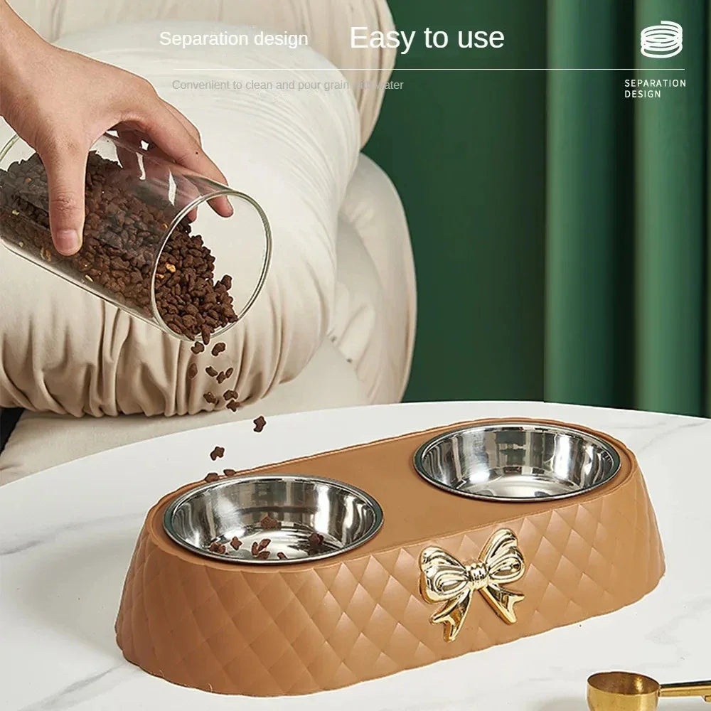 Double Pet Bowl Set With Bow Tie Design For Cats And Dogs - BarkHatch