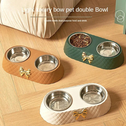 Double Pet Bowl Set With Bow Tie Design For Cats And Dogs - BarkHatch