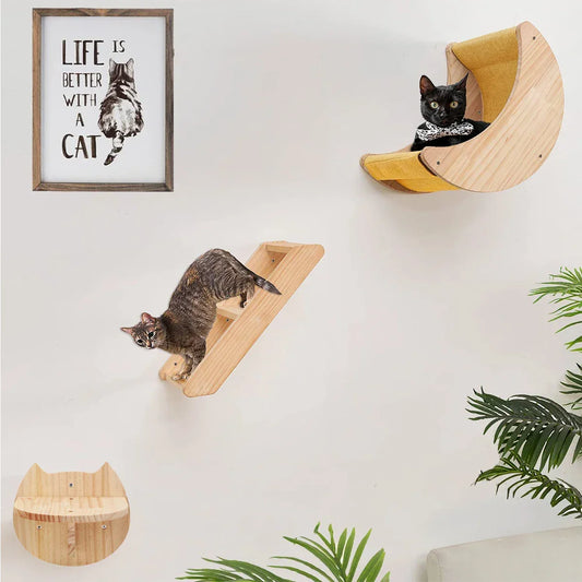 Moon Shaped Solid Wood Cat Shelf Wall Climbing Hammock - BarkHatch