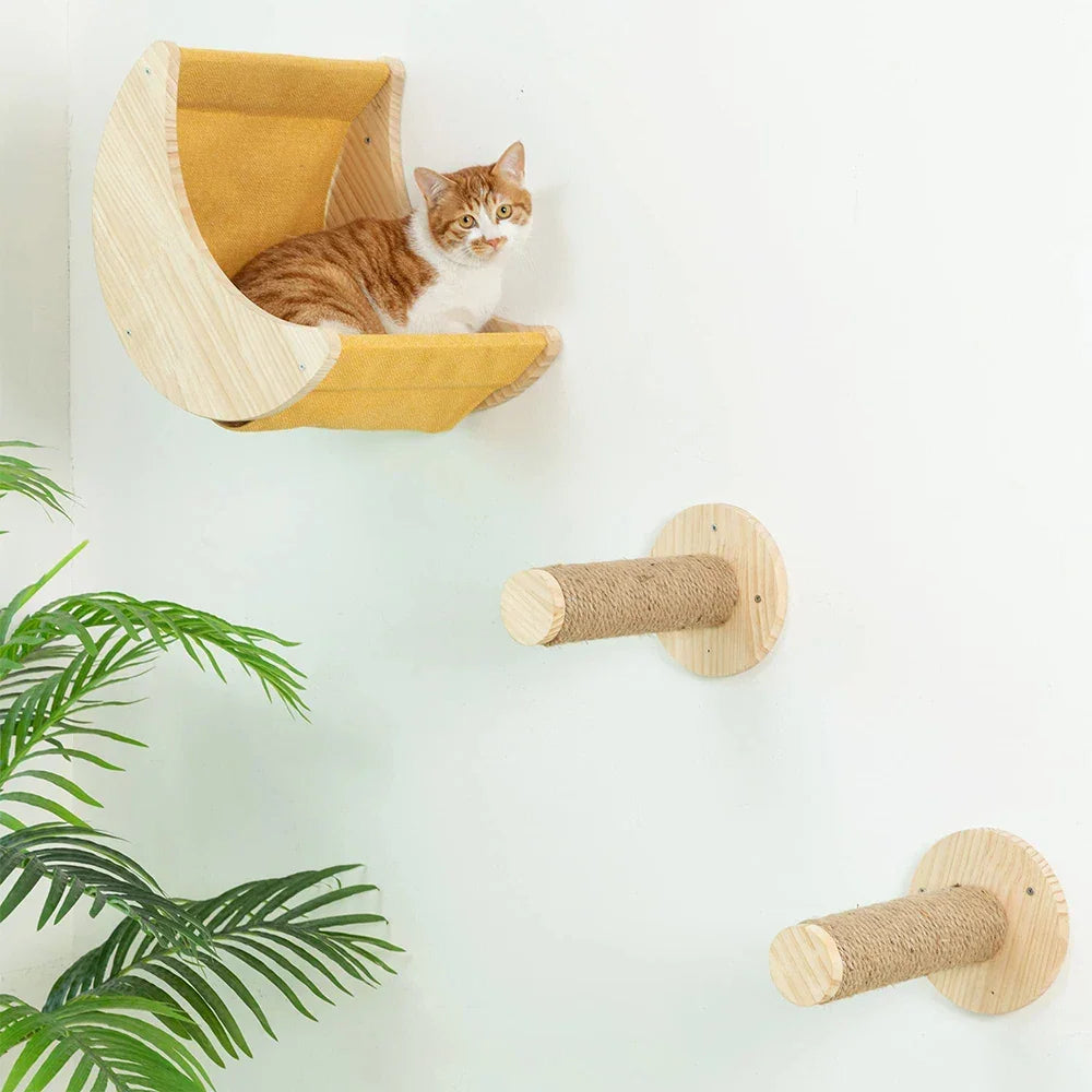 Moon Shaped Solid Wood Cat Shelf Wall Climbing Hammock - BarkHatch